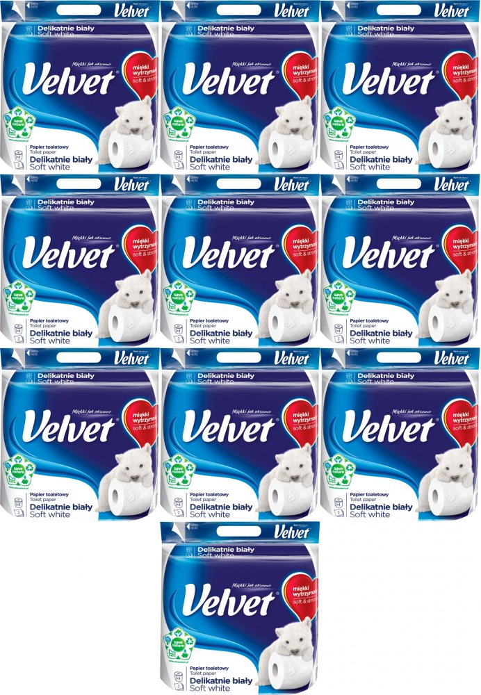 10x Papier toaletowy Velvet, 3-warstwowy, 4 rolki, delikatnie biały