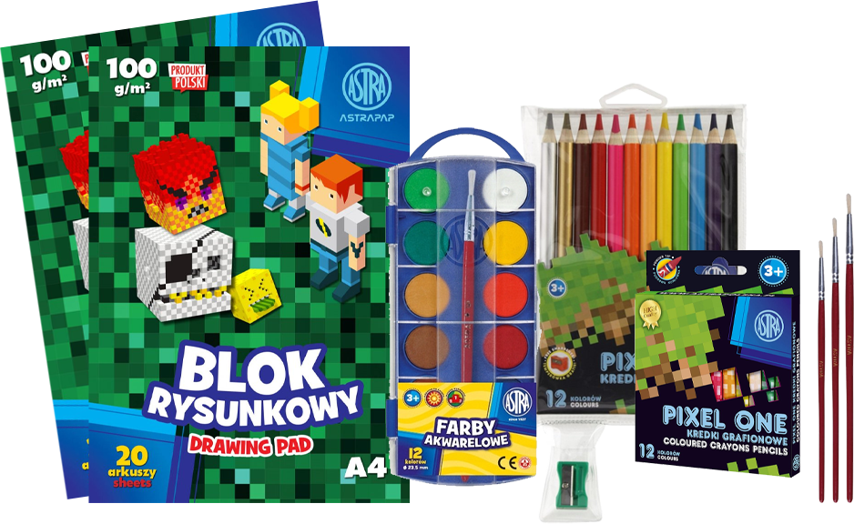 Zestaw plastyczny: 2x Blok rysunkowy, Farby, Kredki grafionowe, Kredki ołówkowe, Kredki ołówkowe Jumbo, 3x Pędzel szkolny