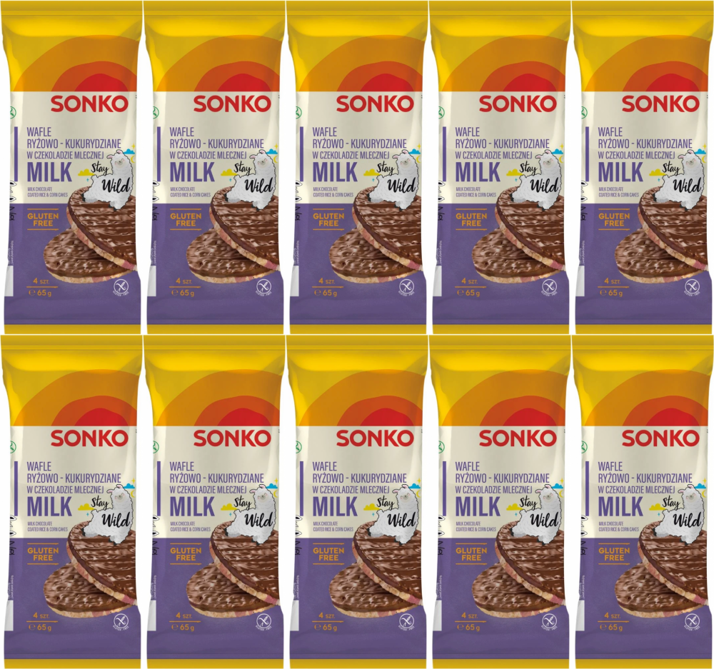 10x Wafle ryżowo-kukurydziane Sonko, w czekoladzie mlecznej, 4 sztuki, 65g