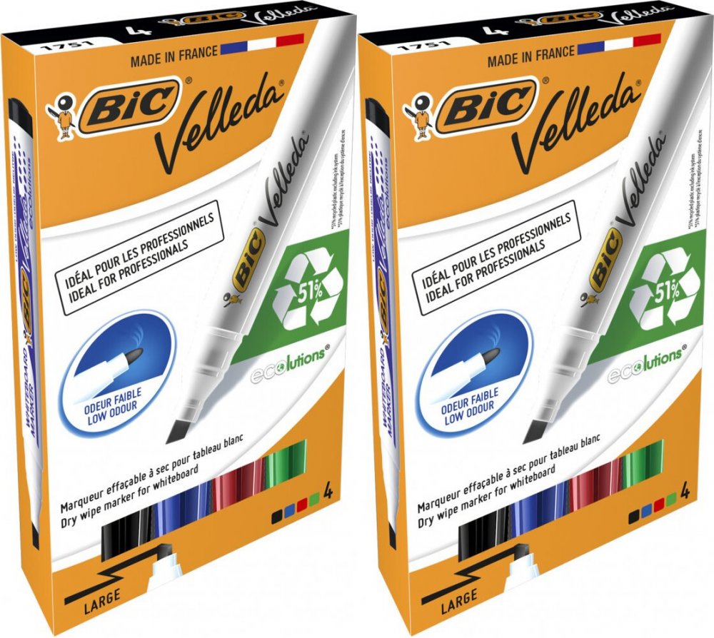 2x Marker suchościeralny Bic, Velleda, ścięta, 4 sztuki, mix kolorów