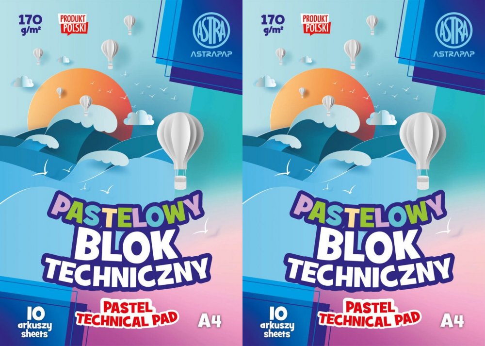 2x Blok techniczny Astra Astrapap, A4, 170g, 10 kartek, kolorowy pastelowy