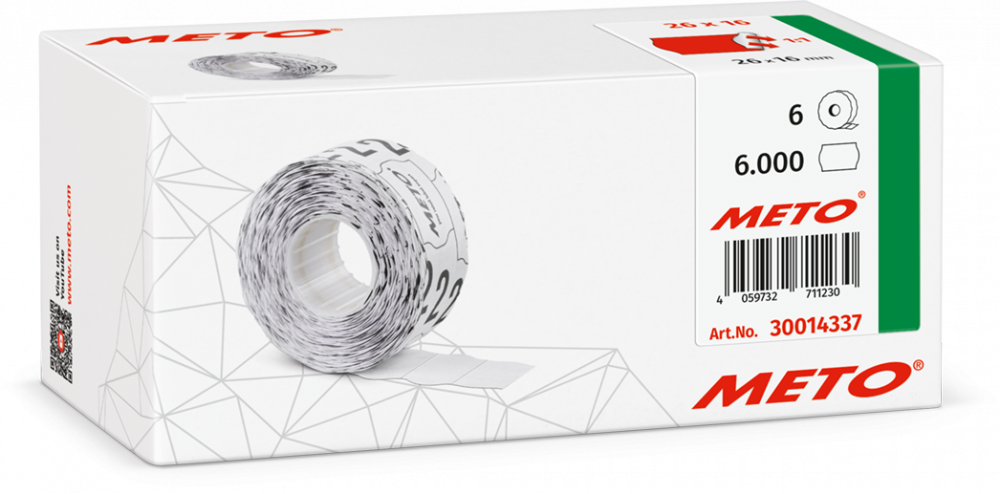 Etykiety cenowe w rolce Meto, do metkownicy dwurzędowej, 26x16 mm, 1000 sztuk, 6 rolek, czerwony