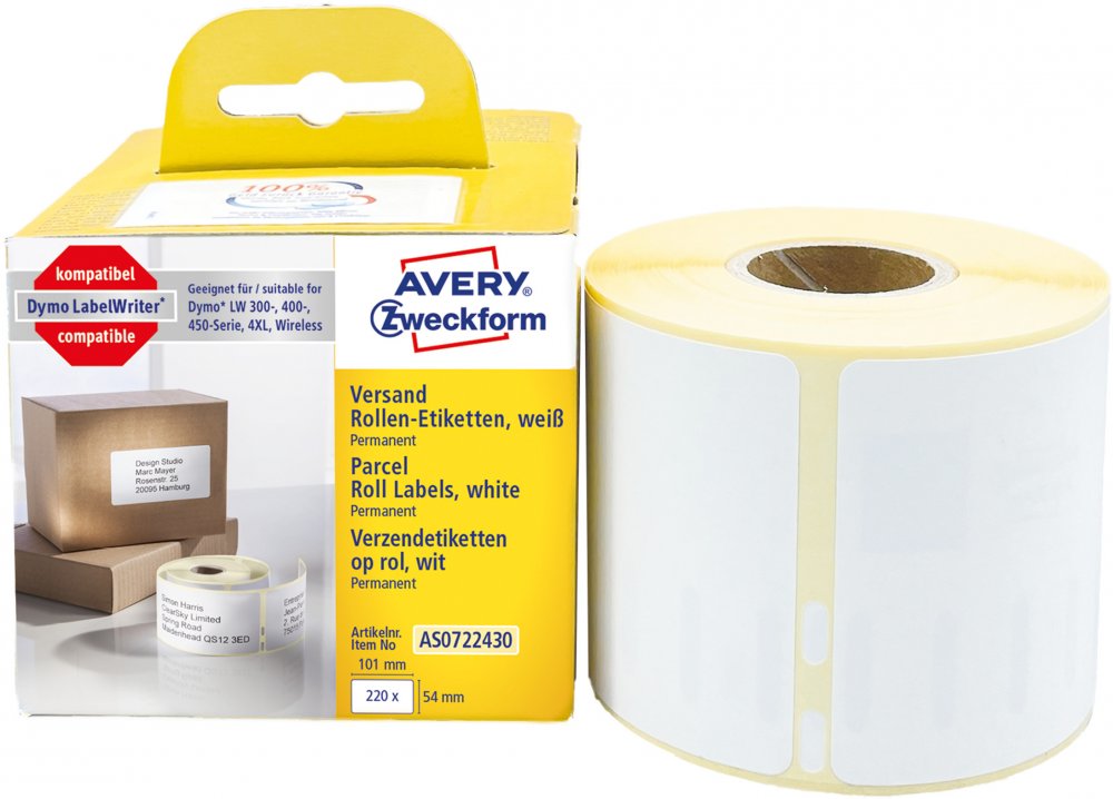 Etykiety wysyłkowe Avery Zweckform, w rolce, do drukarek termicznych Dymo TM, 220 etykiet/1 rolka, 101x54mm, biały