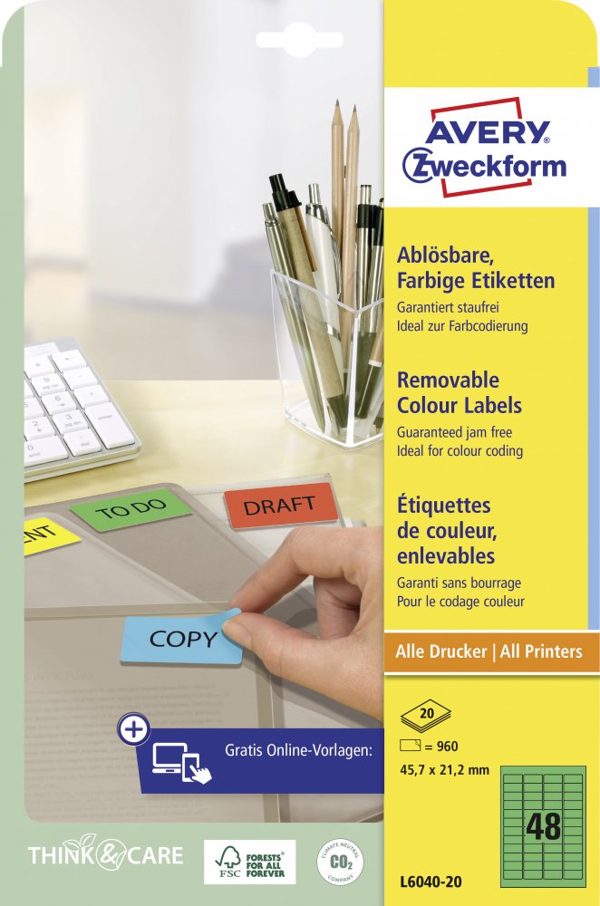 Etykiety usuwalne Avery Zweckform, 45.7x21.2mm, 20 arkuszy, zielony