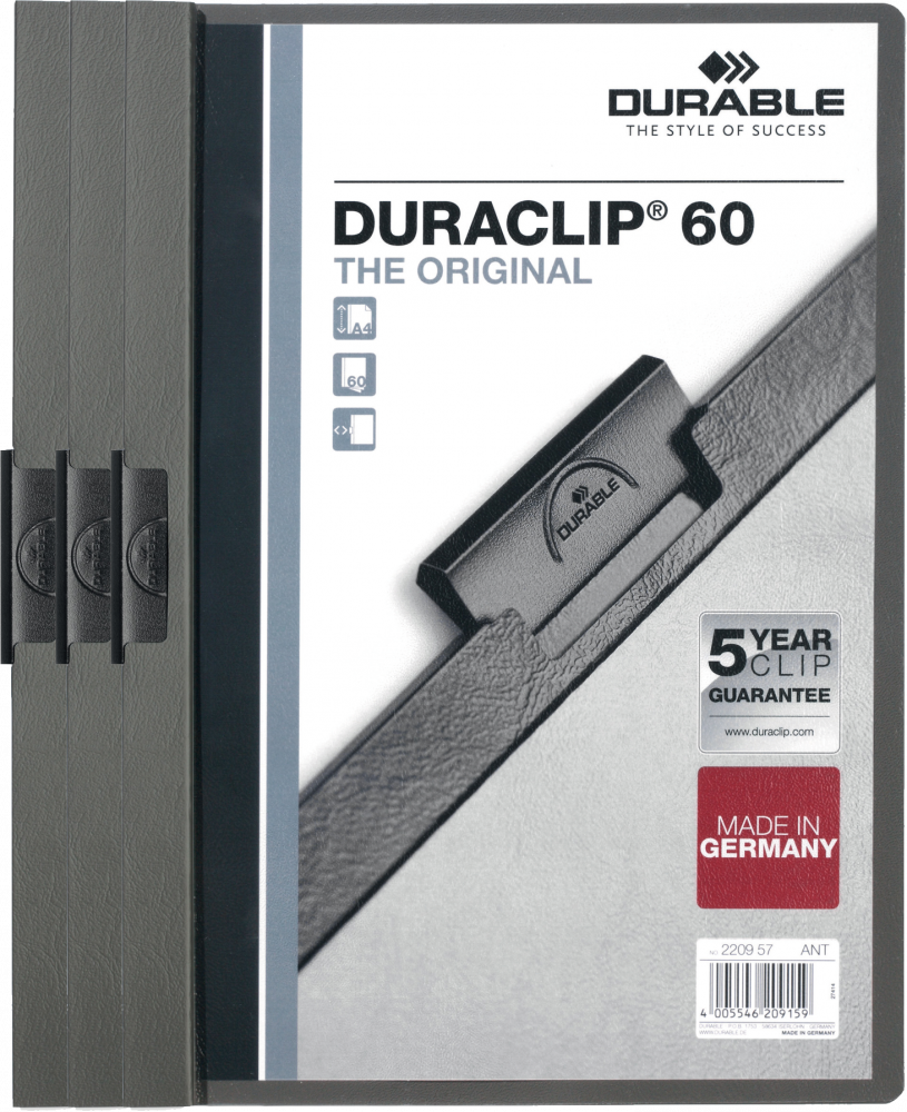 3x skoroszyt plastikowy z klipsem Durable DuraClip, A4, do 60 kartek grafitowy