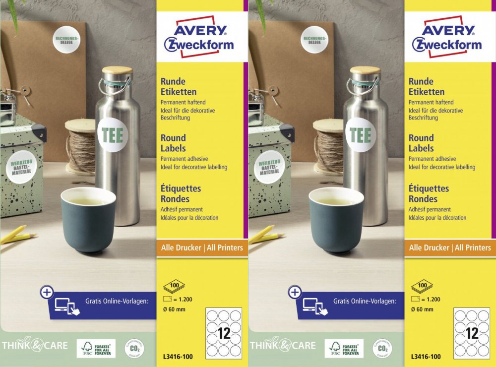 2x Etykiety Avery Zweckform, okrągłe, średnica 60mm, 1200 sztuk, biały