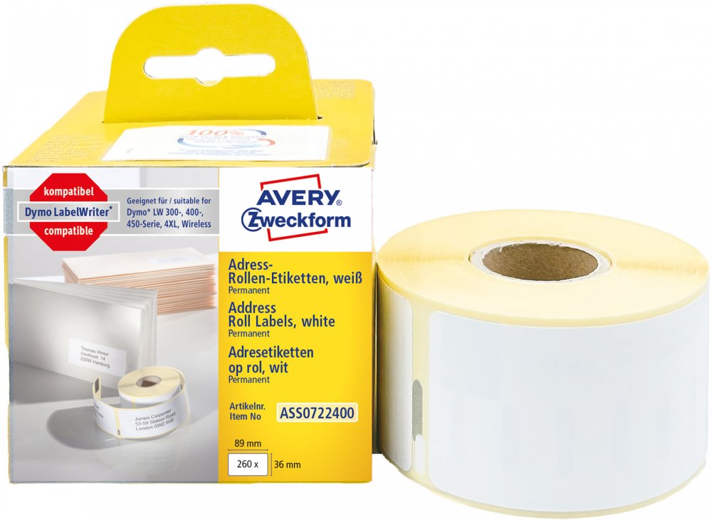 Etykiety adresowe Avery Zweckform, w rolce, do drukarek termicznych Dymo TM, 36x89mm, 260 etykiet/1 rolka, biały