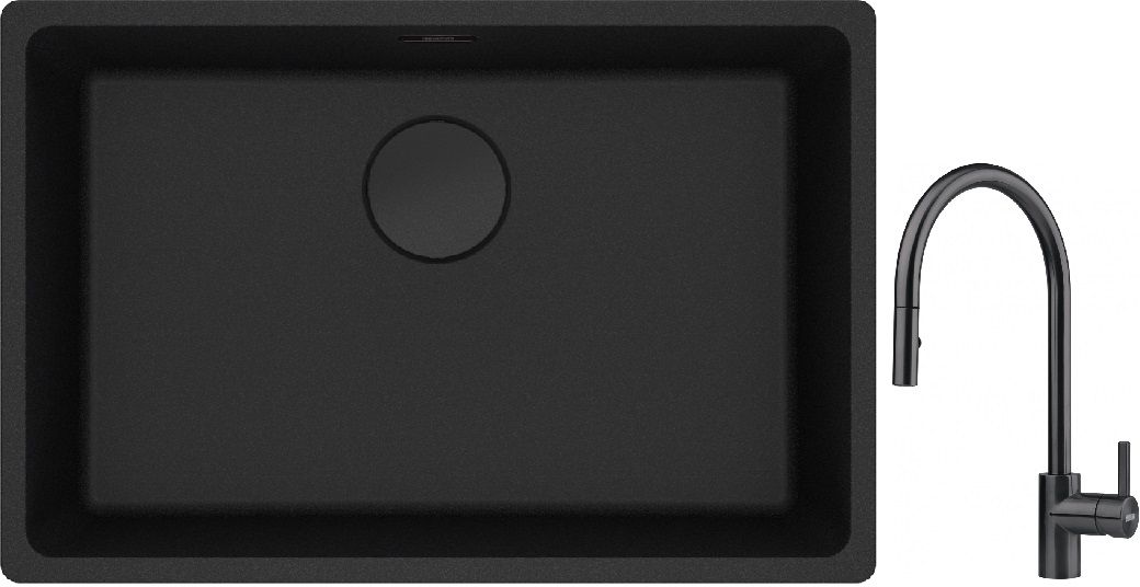 Franke Maris MRG 110-62 zlewozmywak 62x40 cm Fragranite czarny mat z baterią kuchenną Eos czarna stal szlachetna (1250697758, 1150613671)