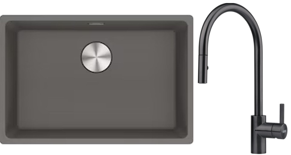 Franke Maris MRG 110-62 zlewozmywak 62x40 cm Fragranite kamienny szary z baterią kuchenną Eos czarna stal szlachetna (1250687258, ...