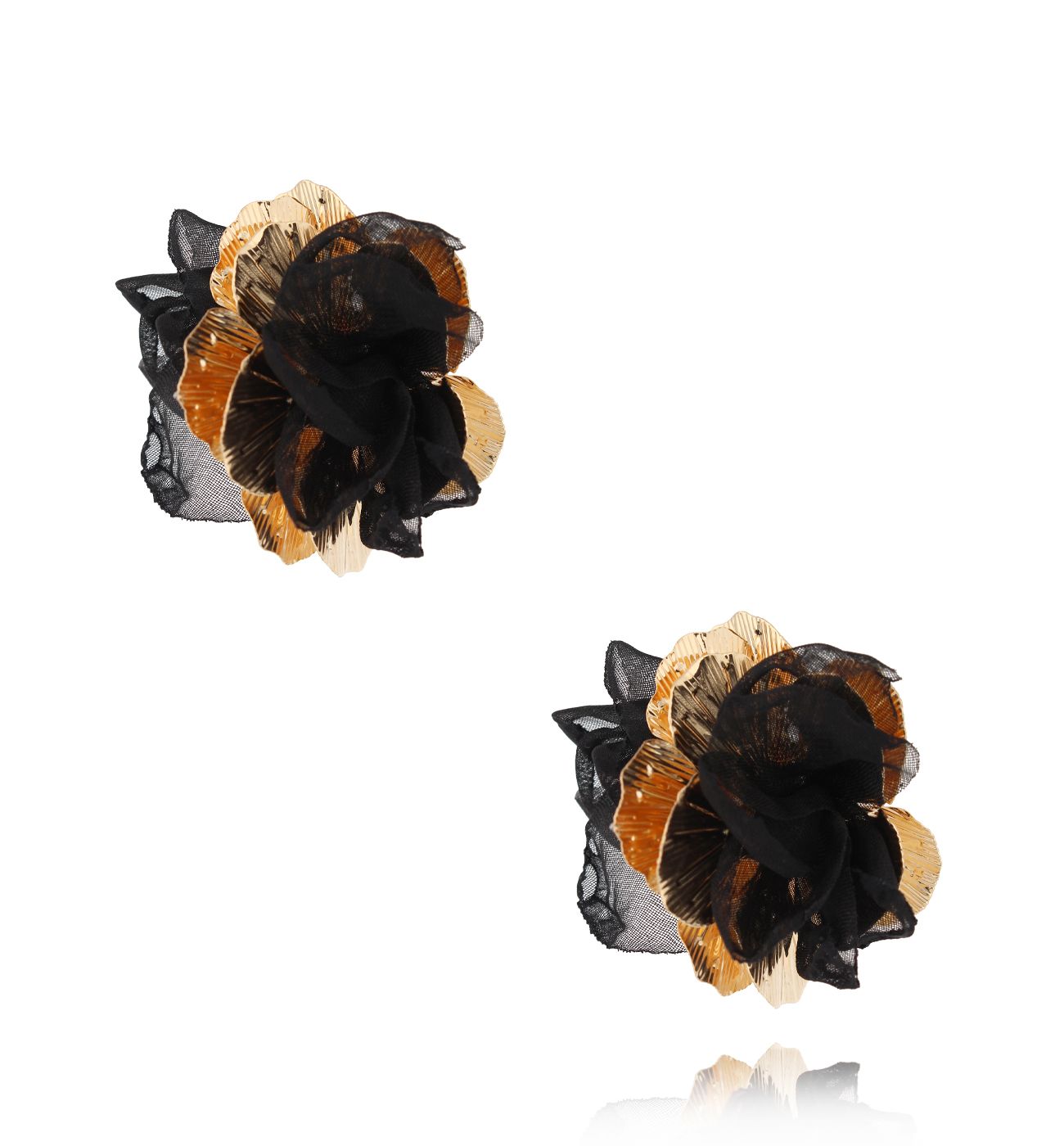 Kolczyki złote z czarną tkaniną Gold Flower KBL1816