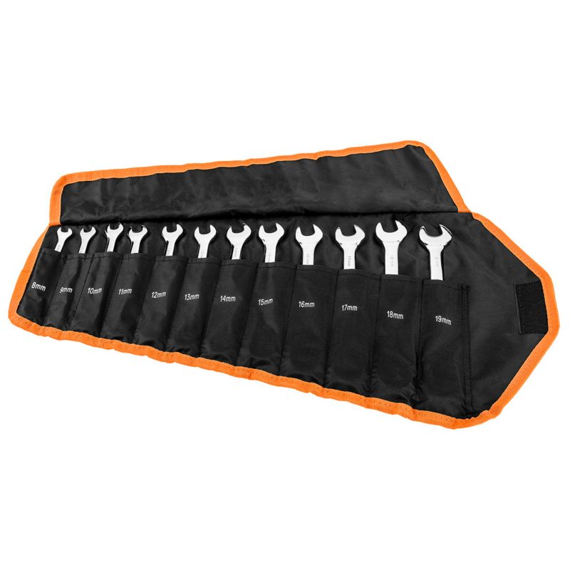 Klucze płasko-oczkowe NEO TOOLS z grzechotką i przełącznikiem, zestaw 12 szt., 8 - 19 mm, miękkie etui 1 kpl