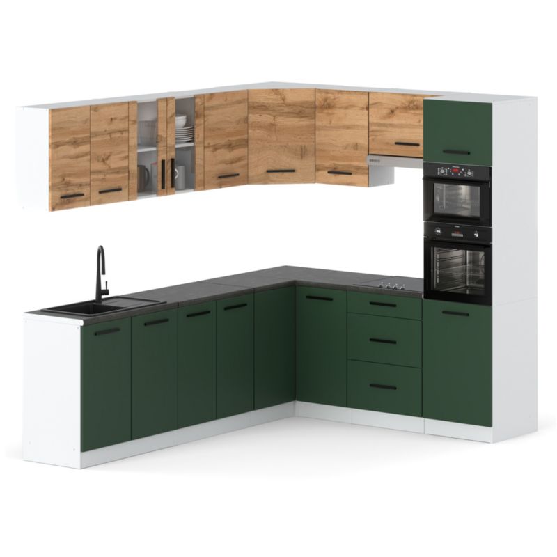 Zestaw Kuchenny Hurtownia-Mebli Z Blatem Kuchnia Marra Narozna 460cm Biały Mat Dąb Wotan/Butelkowa Zieleń 460x47x145 cm 1szt.