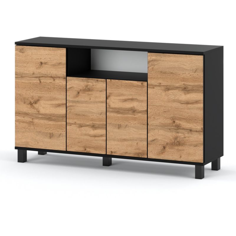 Komoda Hurtownia-Mebli 4 Drzwi Bruno 140cm Czarny Mat Dąb Wotan 140x35x80 cm 1szt.