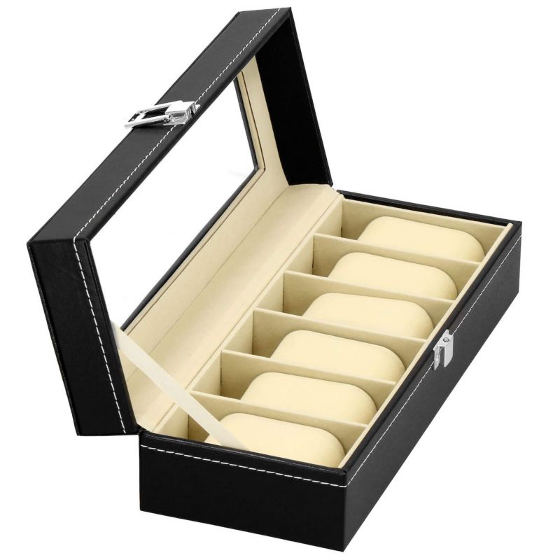 Szkatułka na zegarki Springos 30x11x8 cm z przegródkami i okienkiem czarno-kremowy ekoskóra 1 szt.
