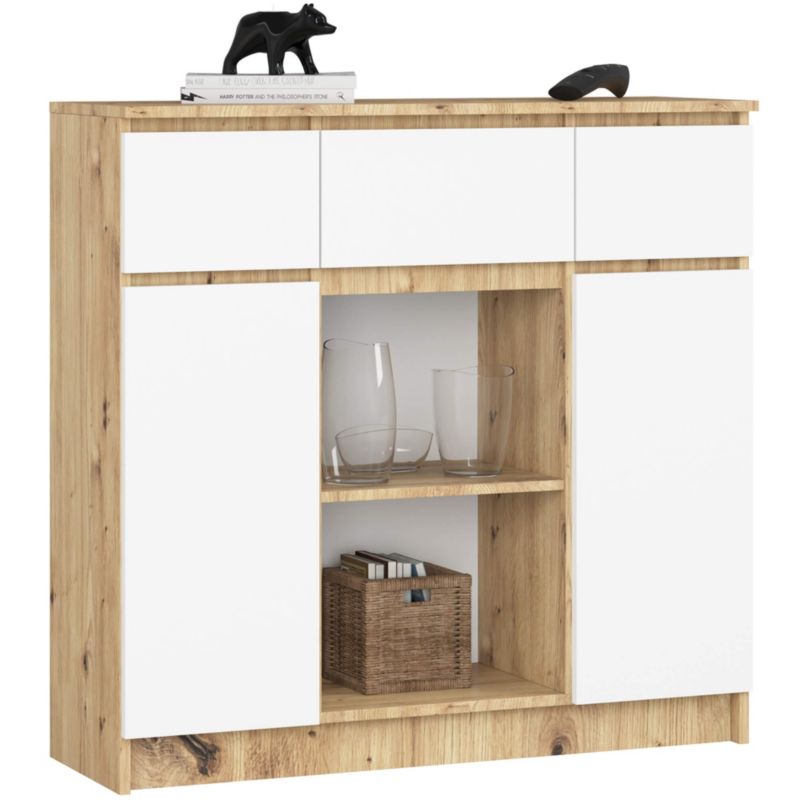 Komoda AKORD K100 kolor Dąb Artisan, Biały mat 101 cm 2 drzwi 3 szuflady 4 półki 101x35x98 cm 1 szt.