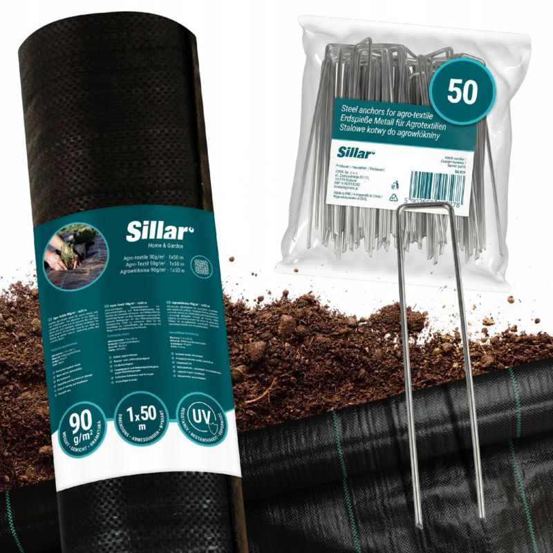 Agrotkanina, Sillar, antychwastowa, 90g/m2, 1x 50m + Kotwy gruntowe, stalowe, 15cm, 50szt, zestaw 2szt