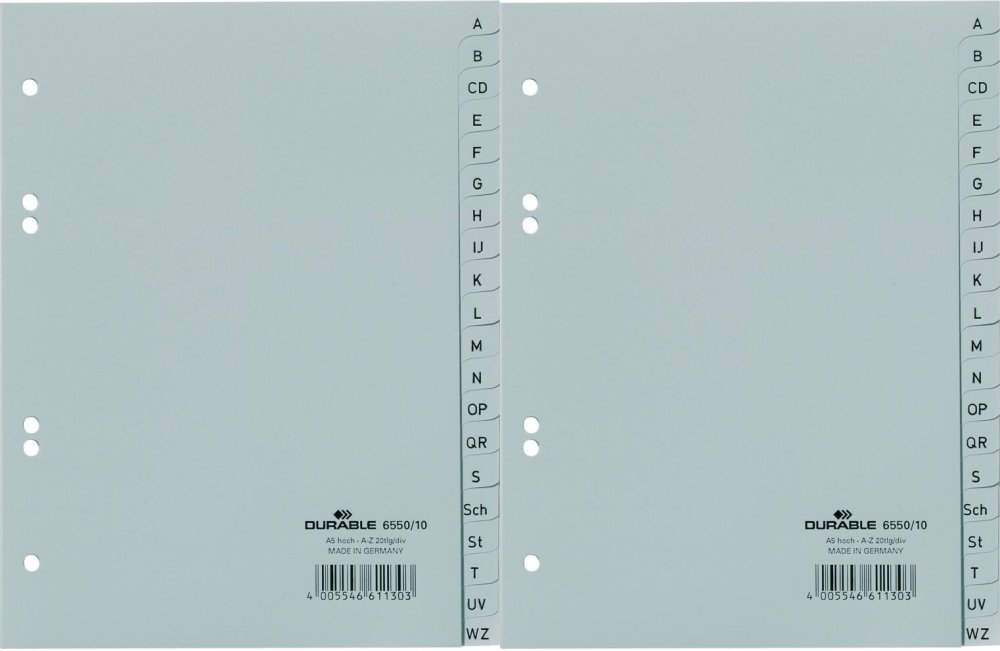 2x Przekładki do segregatora Donau, plastikowe, alfabetyczne (A-Z), A5, 20 kart, szary