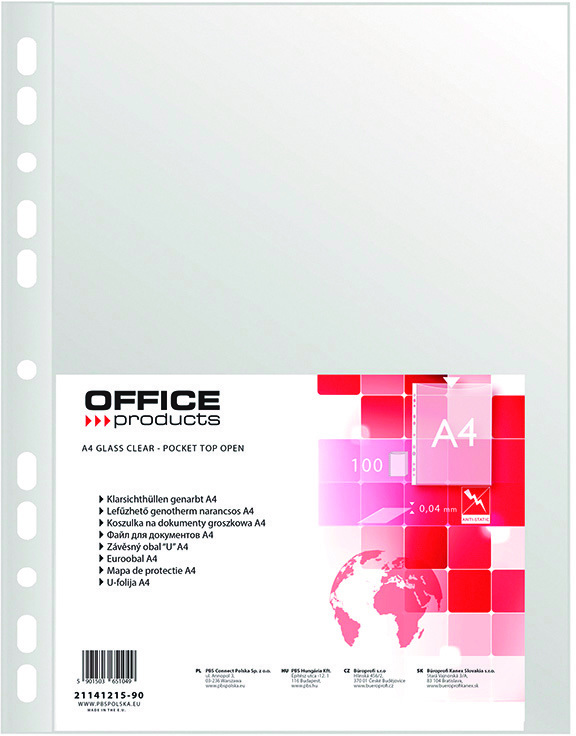 Koszulki groszkowe Office Product, A4, 40 μm, 100 sztuk, transparentny