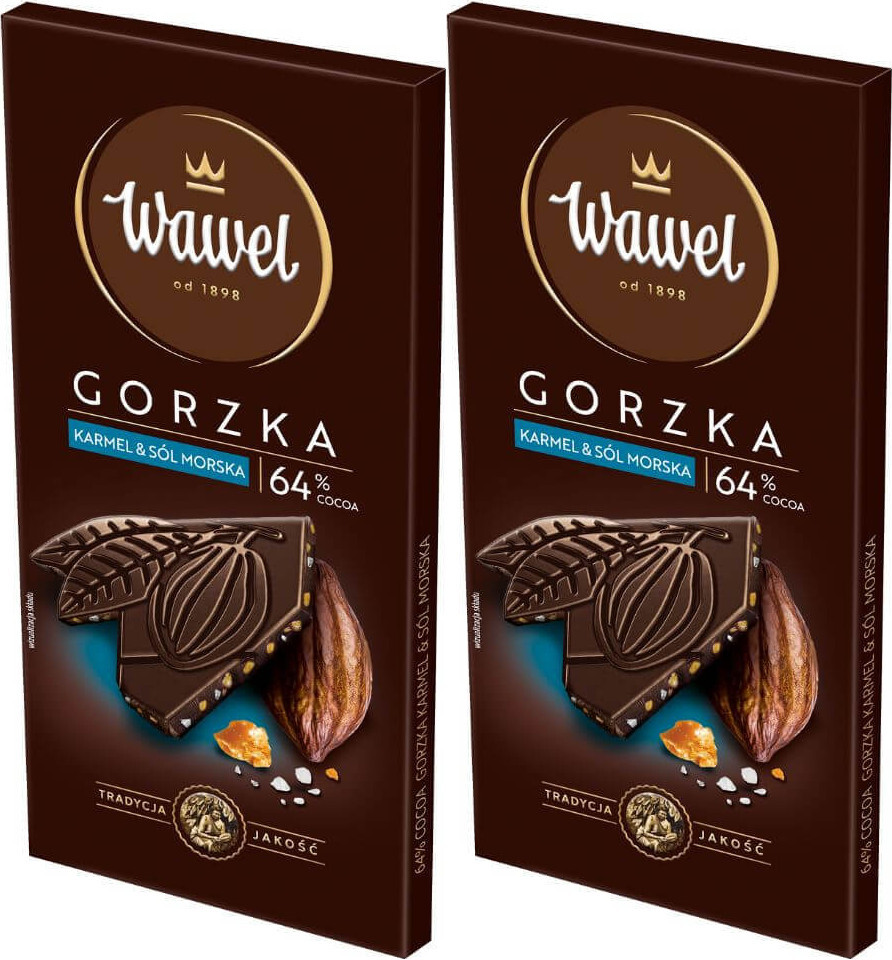 2x Gorzka czekolada Wawel Premium 64%, karmel i sól morska, 90g