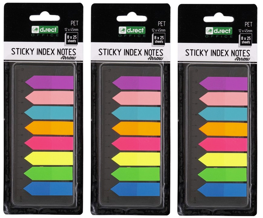 3x Zakładki samoprzylepne z linijką D.Rect, strzałki, indeksujące, folia, 12x45mm, 8x25 sztuk, mix kolorów neonowych