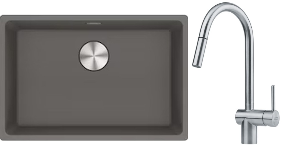 Franke Maris MRG 110-62 zlewozmywak 62x40 cm Fragranite kamienny szary z baterią kuchenną Leda Neo stal szlachetna (1250687258, ...