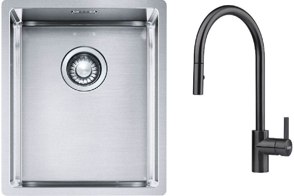 Franke Box BXX 210/110-34 zlewozmywak 38x45 cm stalowy z baterią kuchenną Eos czarna stal szlachetna (1270453653, 1150613671)