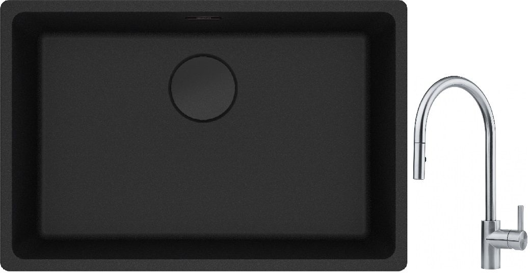 Franke Maris MRG 110-62 zlewozmywak 62x40 cm Fragranite czarny mat z baterią kuchenną Eos stal szlachetna (1250697758, 1150590045)