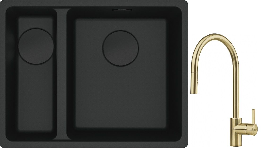 Franke Maris MRG 160-34-15SBL zlewozmywak 52x40 cm Fragranite czarny mat z baterią kuchenną Eos Neo M Pull-Out Spray złotą ... - Wysyłka w 24h