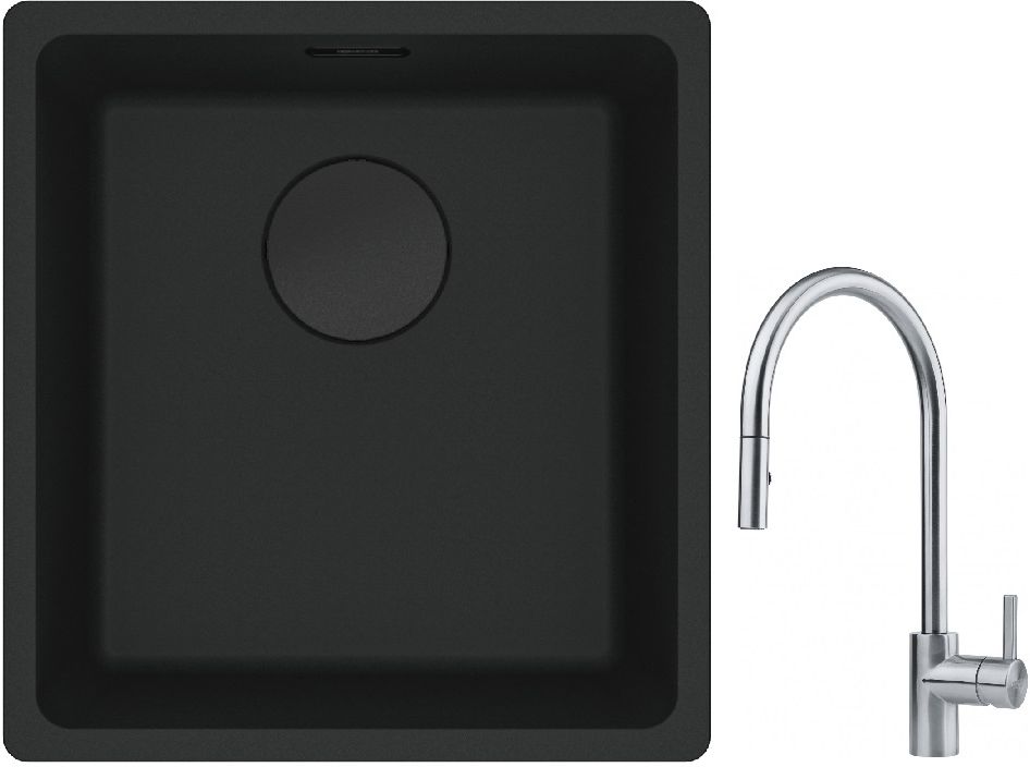 Franke Maris MRG 110-37 zlewozmywak 40x37 cm Fragranit + czarny mat z baterią kuchenną Eos stal szlachetna (1250697760, 1150590045)