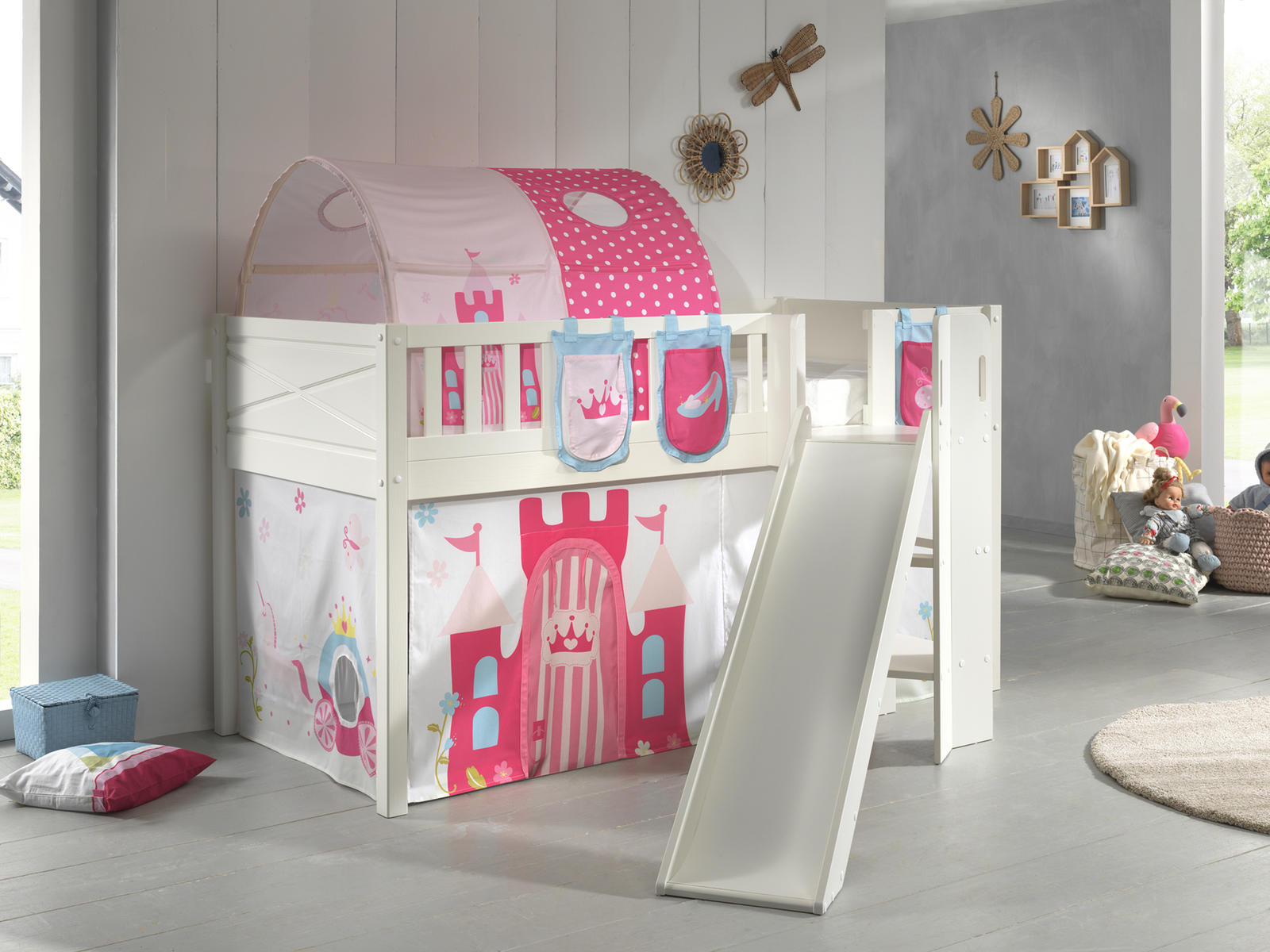 Łóżko dziecięce ze zjeżdżalnią Scotti Princess w komplecie