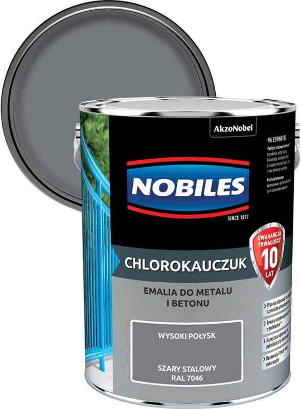 Emalia chlorokauczukowa Nobiles do metalu i betonu szara stalowa 5 l