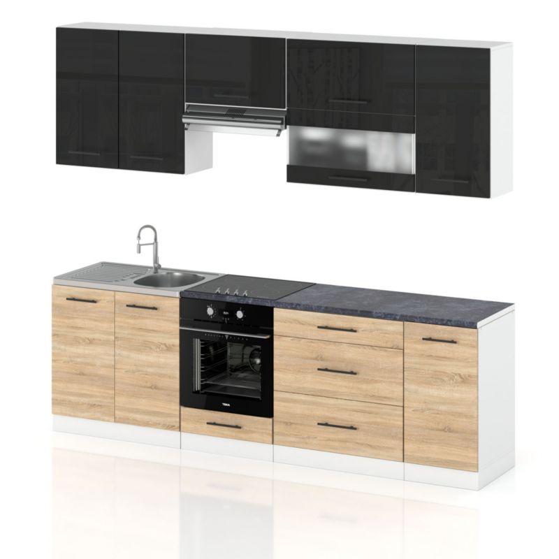 Zestaw Kuchenny Hurtownia-Mebli Z Blatem Kuchnia Marocco 260cm Biały Mat Czarny Połysk/Dąb Sonoma 260x52x157 cm 1szt.