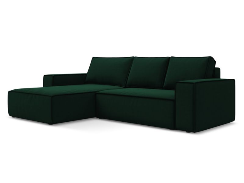 Narożnik lewostronny z funkcją spania Makamii Kimo z tkaniny welwetowej 290x185 cm butelkowa zieleń 1 szt.