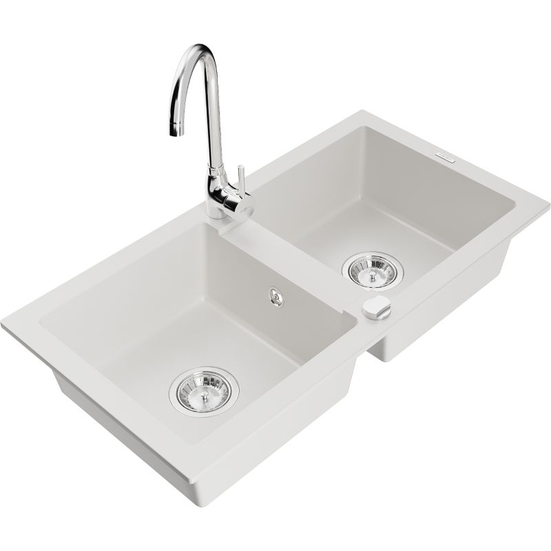 Zlewozmywak granitowy 2-komorowy Mexen Mario z baterią kuchenną Telma biały 6504-20-670200-00