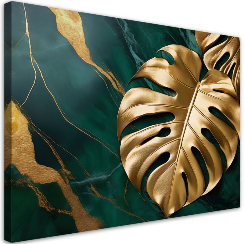 Obraz do salonu sypialni Feeby Złoty Liść Monstery Zielony Marmur 100x70 cm 1szt