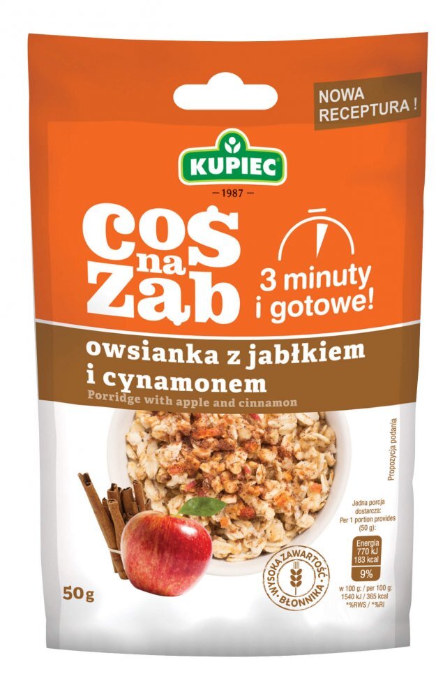 Outlet: WAŻNY DO 2025-07-30 Owsianka Kupiec Coś na ząb, jabłko/cynamon, 50g