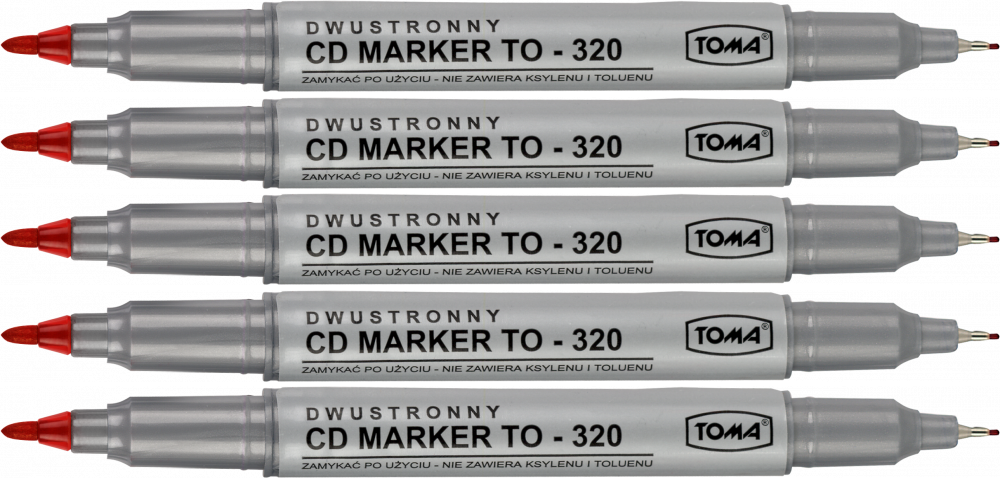 5x Marker dwustronny do płyt CD i DVD Toma TO-320, okrągła, 0.5mm/ 0.8mm, czerwony