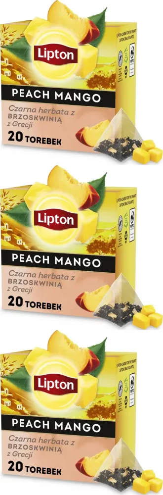 3x Herbata czarna w piramidkach Lipton peach mango, z brzoskwinią z Grecji, 20 sztuk x 1.7g