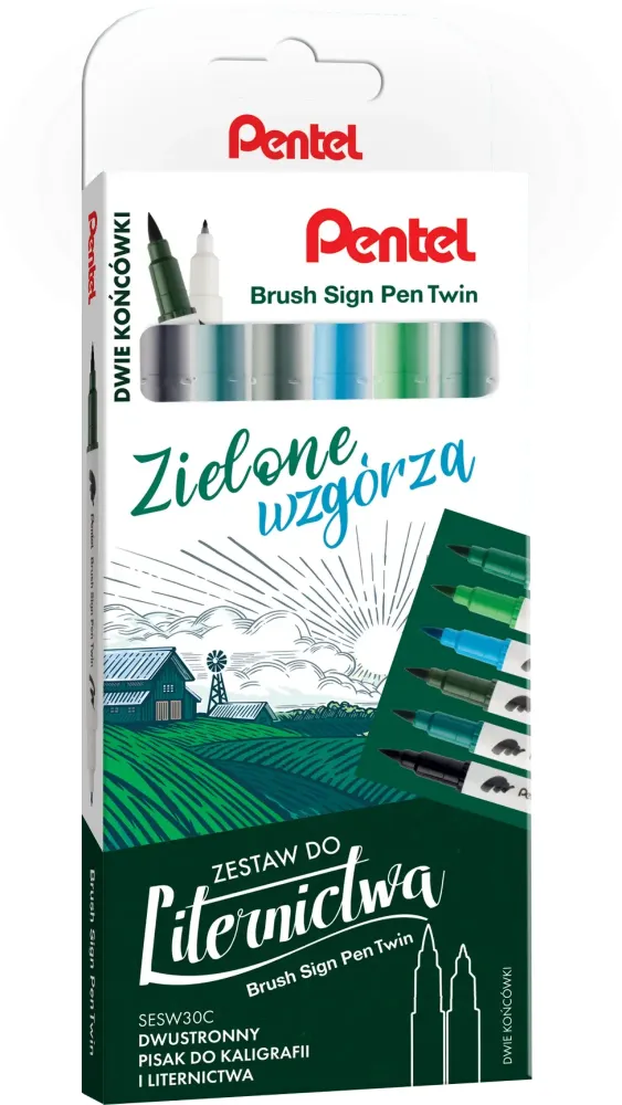 Pisaki do kaligrafii i liternictwa Pentel Brush Sign Pen Twin SESW30C Zielone Wzgórza, dwustronne, 6 sztuk, mix kolorów