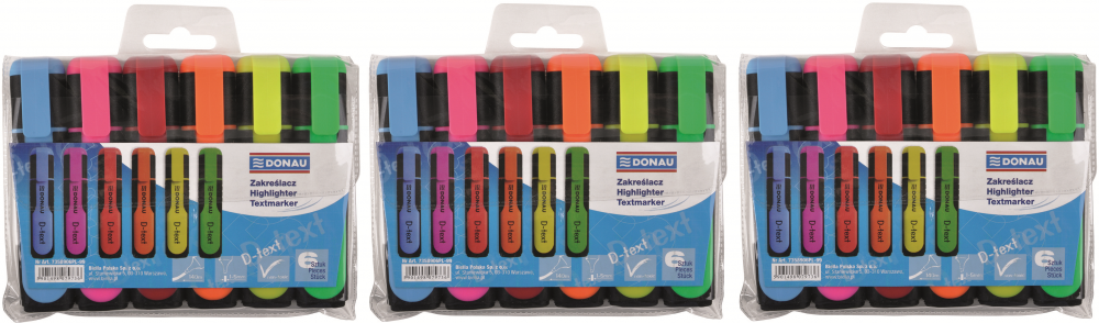 3x Zakreślacz fluorescencyjny Donau, D-Text, ścięta, 1-5mm, 6 sztuk, mix kolorów