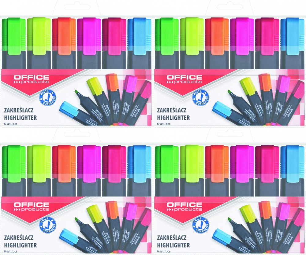 4x Zakreślacz Office Products, ścięta, 6 sztuk, mix kolorów fluorescencyjnych