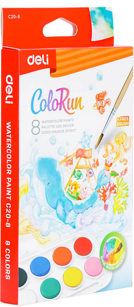 Farby akwarelowe Deli Colorun EC20 z pędzelkiem, 8 sztuk, mix kolorów