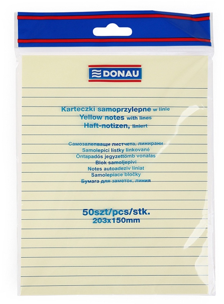 Karteczki samoprzylepne w linie Donau, 150x203mm, 50 karteczek, żółty pastelowy