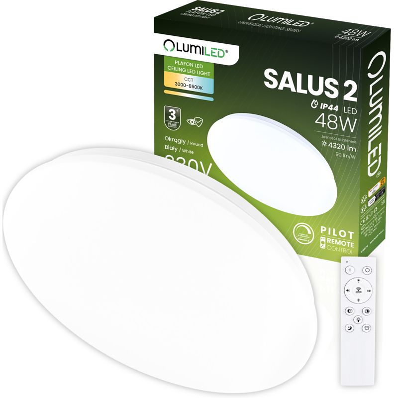 Plafon LED Lumiled 48W IP44 CCT Biały Okrągły 40cm z Pilotem 1 szt.