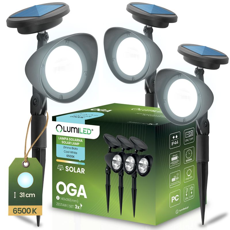 Lampa Solarna Lumiled LED Ogrodowa Wbijana Czarna Kierunkowa Reflektor IP44 6500K 3 szt.