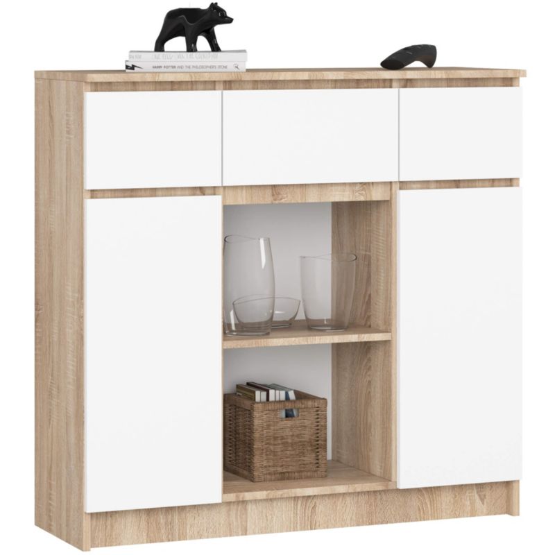Komoda AKORD K100 kolor Dąb Sonoma, Biały mat 101 cm 2 drzwi 3 szuflady 4 półki 101x35x98 cm 1 szt.