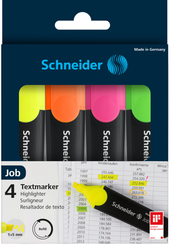 Zakreślacz Schneider, Job, ścięta, 4 sztuki, mix kolorów