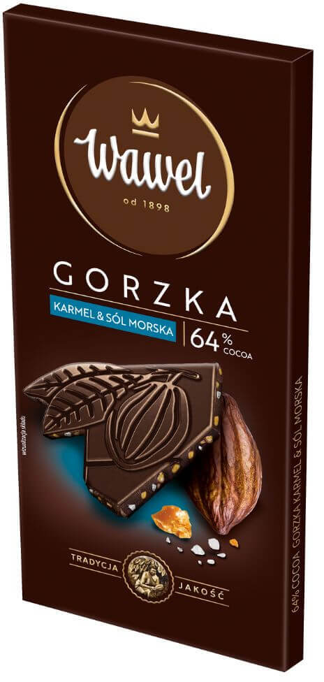 Gorzka czekolada Wawel Premium 64%, karmel i sól morska, 90g