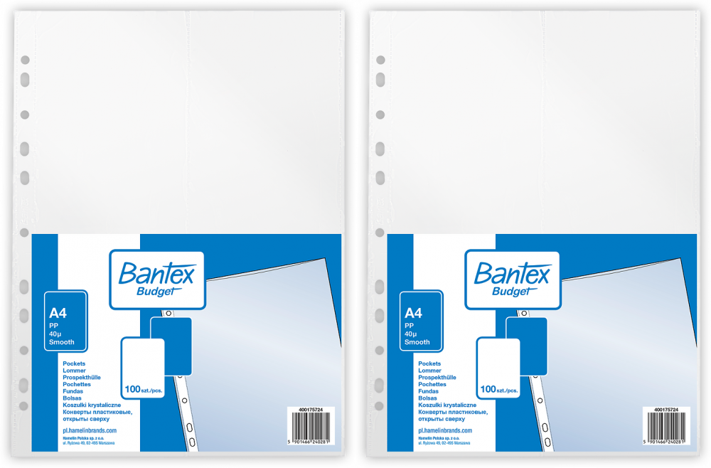 2x Koszulki krystaliczne Bantex Budget, A4, 40μm, 100 sztuk, transparentny
