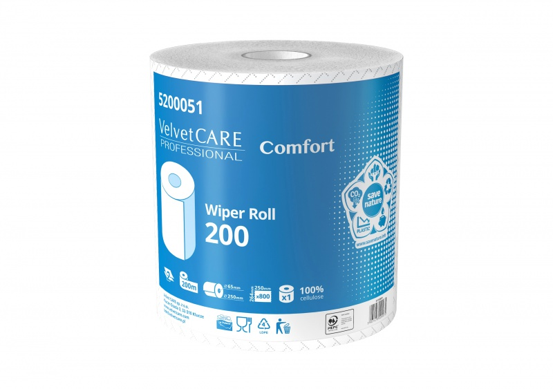 Czyściwo papierowe bezpyłowe VelvetCARE Professional 200, 2-warstwowe, przemysłowe, 200m, 1 rolka, biały